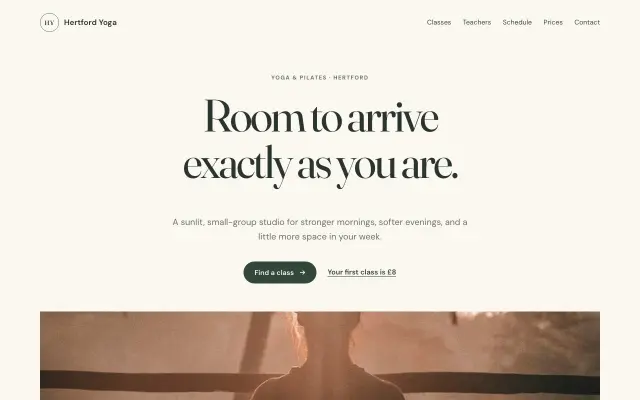 Homepage of Hertford Yoga, a warm editorial single-page site